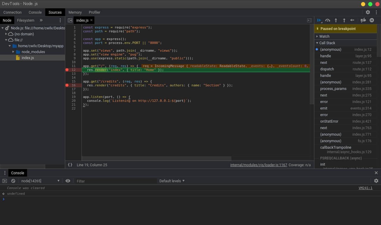 Debugging started DevTools