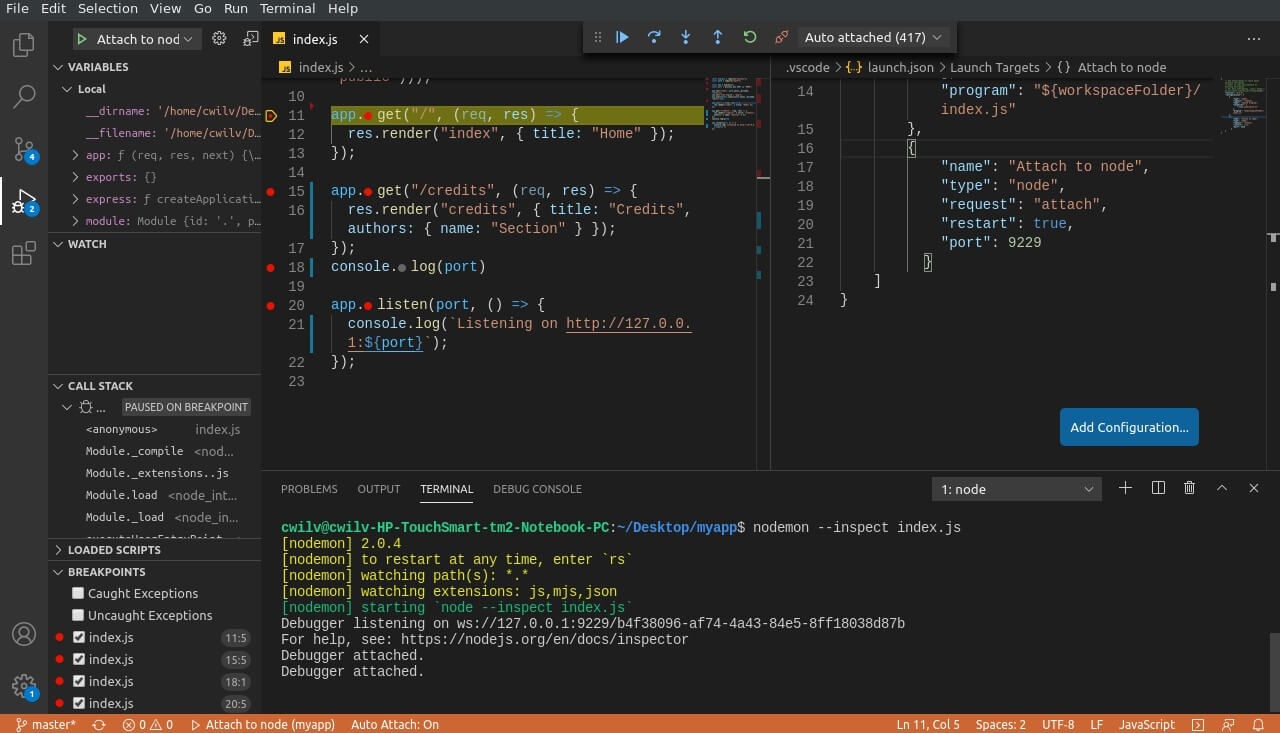 debugging with nodemon