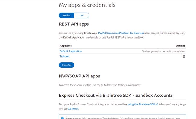 Paypal create a new app