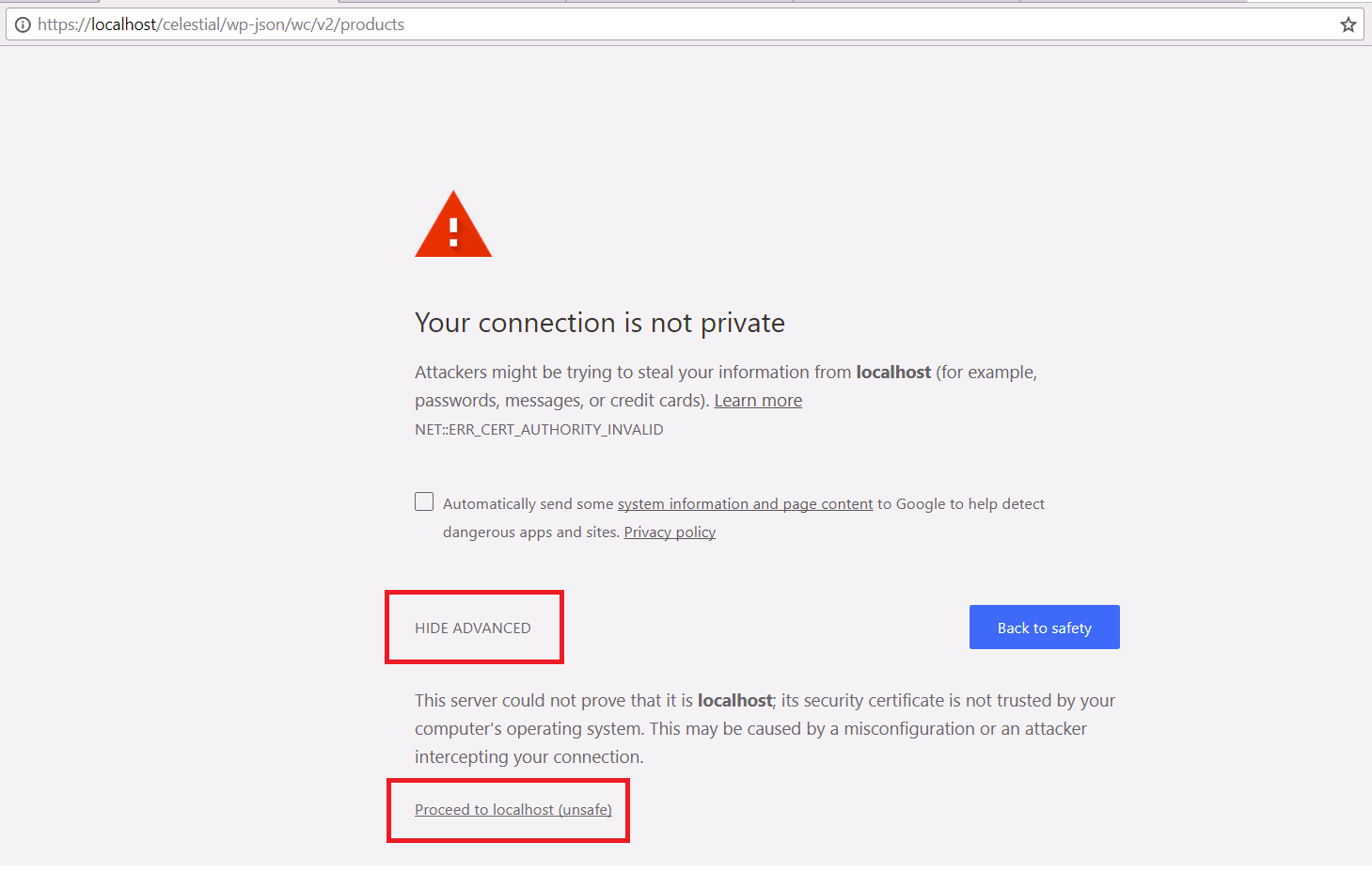 Warning when localhost is not https