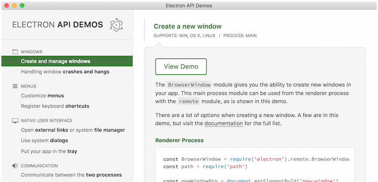 A screenshot of the Electron API Demos app